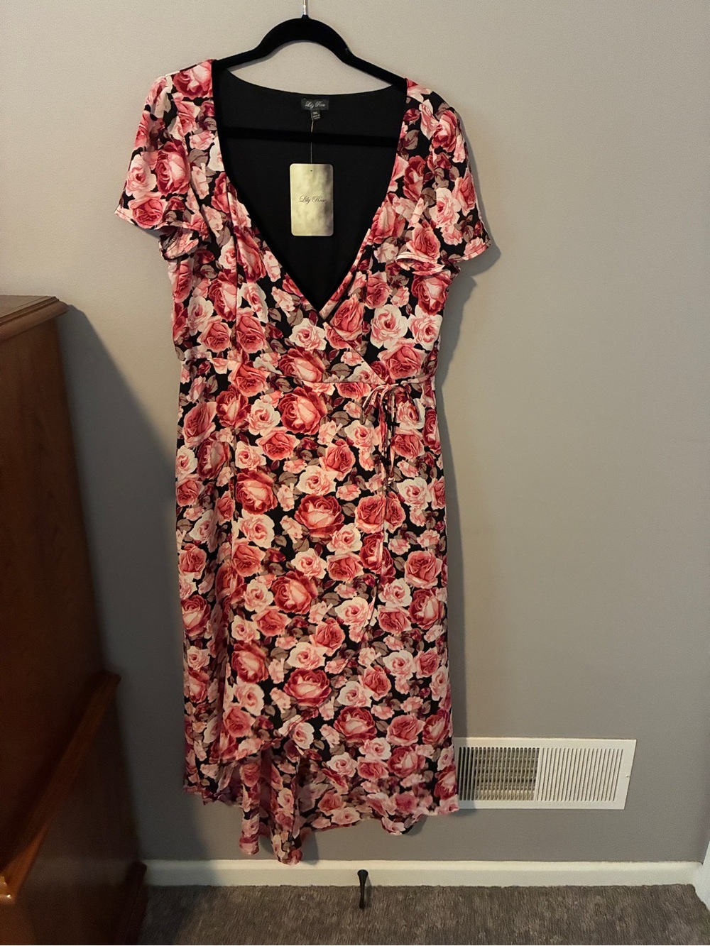 Lily Rose Rose-Print Wrap Midi Dress in Pink and Black